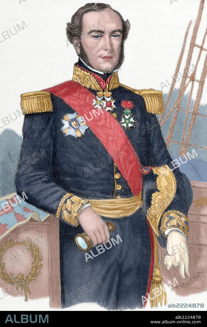 Ferdinand-Alphonse Hamelin (1796-1864). Almirante francés. Grabado coloreado de "Historia Universal", siglo XIX.