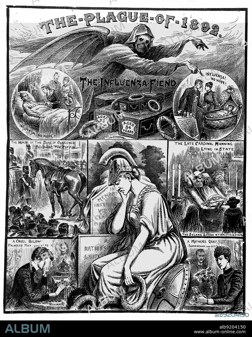 The 1889-1890 pandemic, often referred to as the Russian Flu, was one of the deadliest pandemics in history, killing one million people. It recurred in 1892, when it killed Prince Albert Victor, Duke of Clarence and grandson of Queen Victoria, on 14 January 1892. This image from the Illustrated Police News from 1892 mourns his death.