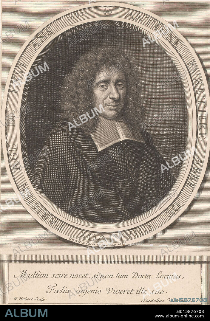 Portrait of Antoine Furetière, print maker: Nicolas Habert, 1688 - 1715, paper, engraving, height 248 mm × width 175 mm, print.
