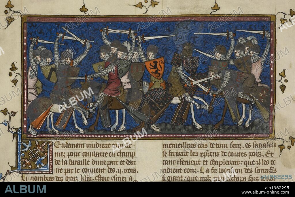 A Battle Scene. Chroniques de France ou de Saint Denis, vol. 1. France, second quarter of 14th century. (Miniature only) A battle scene. Knights wearing armour and helmets, with swords, and shields with heraldic decoration.Text beginning with decorated initial 'L'.  Image taken from Chroniques de France ou de Saint Denis, vol. 1.  Originally produced in France; second quarter of 14th century. . Source: Royal 16 G. VI, f.171v. Language: French.