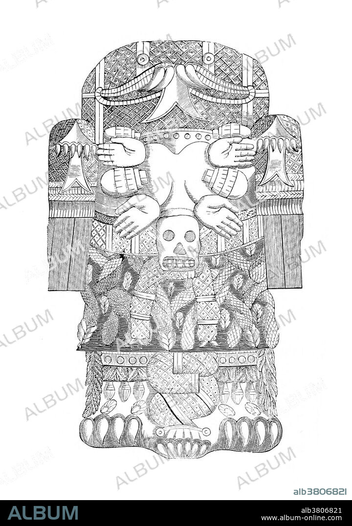 In Aztec mythology, Cihuacoatl was one of a number of motherhood and fertility goddesses. Cihuacoatl was especially associated with midwives, and with the sweatbaths where midwives practiced. She is paired with Quilaztli and was considered a protectress of the Chalmeca people and patroness of the city of Culhuacan. She helped Quetzalcoatl create the current race of humanity by grinding up bones from the previous ages, and mixing it with his blood. She is often shown as a fierce skull-faced old woman carrying the spears and shield of a warrior. Childbirth was sometimes compared to warfare and the women who died in childbirth were honored as fallen warriors. Image taken from page 124 of "Mexico, Aztec, Spanish and Republican: or historical, geographical, political, statistical and social account of that country from the period of the invasion to the present time" by Brantz Mayer, 1852.