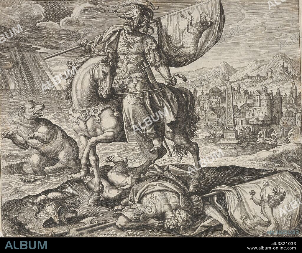 Cyrus, King of Persia, from Four Illustrious Rulers of Antiquity by Adriaen Collaert, engraving, circa 1590s. Cyrus II of Persia (600 or 576 BC-530 BC) was the founder of the Achaemenid Empire. Under his rule, the empire embraced all the previous civilized states of the ancient Near East, conquered most of Southwest Asia and Central Asia, parts of Europe and the Caucasus. From the Mediterranean sea and Hellespont in the west to the Indus River in the east, Cyrus the Great created the largest empire the world had yet seen. The reign of Cyrus the Great lasted between 29 and 31 years. Cyrus respected the customs and religions of the lands he conquered. He is recognized for his achievements in human rights, politics, and military strategy, as well as his influence on both Eastern and Western civilizations. Cyrus the Great died in battle, fighting the Massagetae in 530 BC.