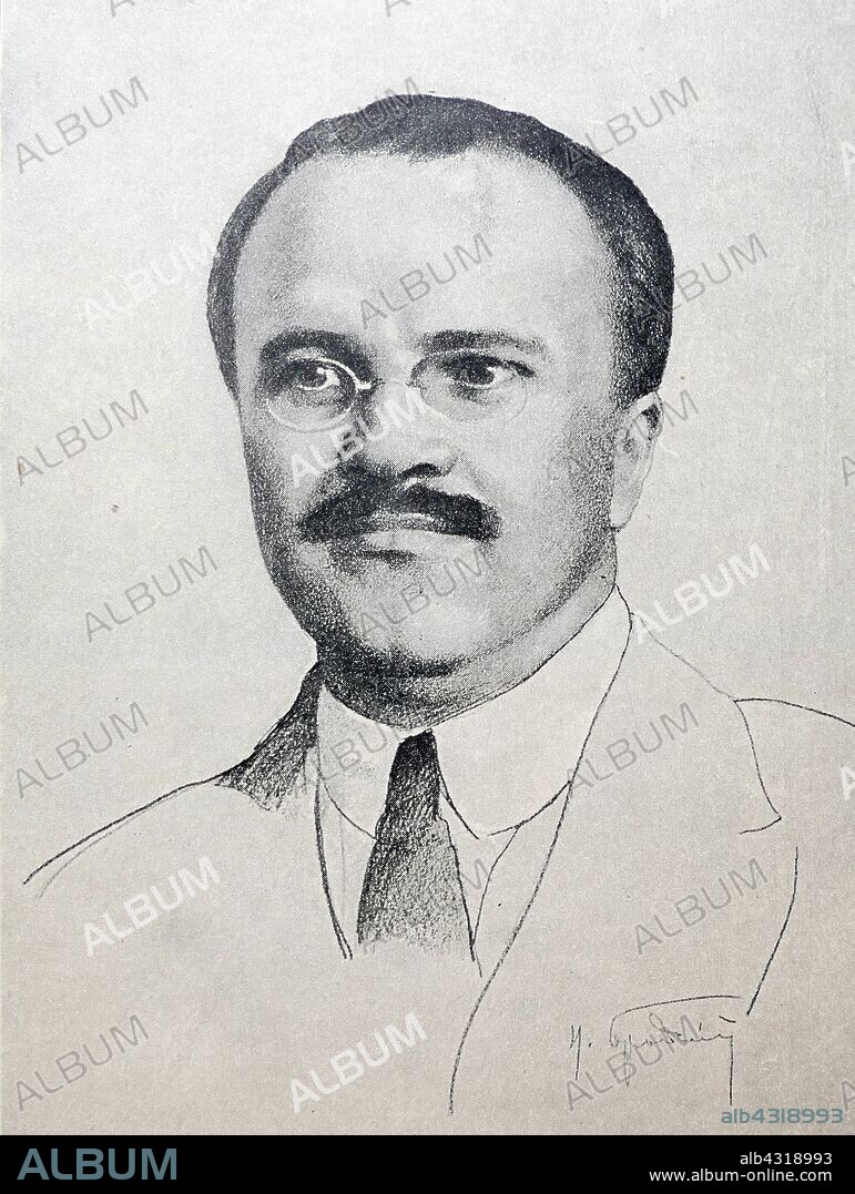 Drawing of Vyacheslav Mikhailovich Molotov (1890 - 1986), Soviet politician and diplomat, and a leading figure in the Soviet government from the 1920s. He rose to power as a protege of Joseph Stalin. Molotov served as Chairman of the Council of People's Commissars (Premier) from 1930 to 1941, and as Minister of Foreign Affairs from 1939 to 1949 and from 1953 to 1956. He served as First Deputy Premier from 1942 to 1957, when he was dismissed from the Presidium of the Central Committee by Nikita Khrushchev.