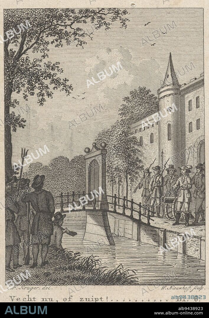 In front of his mansion, Sjuck van Burmania, grietman of Wymbritseradeel, stands beside soldiers, pointing to a cannon. On the other side of the moat stand mutineers, to whom he conveyed the message that they had better drink than fight against him, Grietman Sjuck van Burmania in front of his mansion Fight now, or drink! , print maker: Walraad Nieuwhoff, (mentioned on object), intermediary draughtsman: Elias Friedrich Kruger, (mentioned on object), Amsterdam, 1800 - 1837, paper, etching, engraving, letterpress printing, h 124 mm × w 81 mm.
