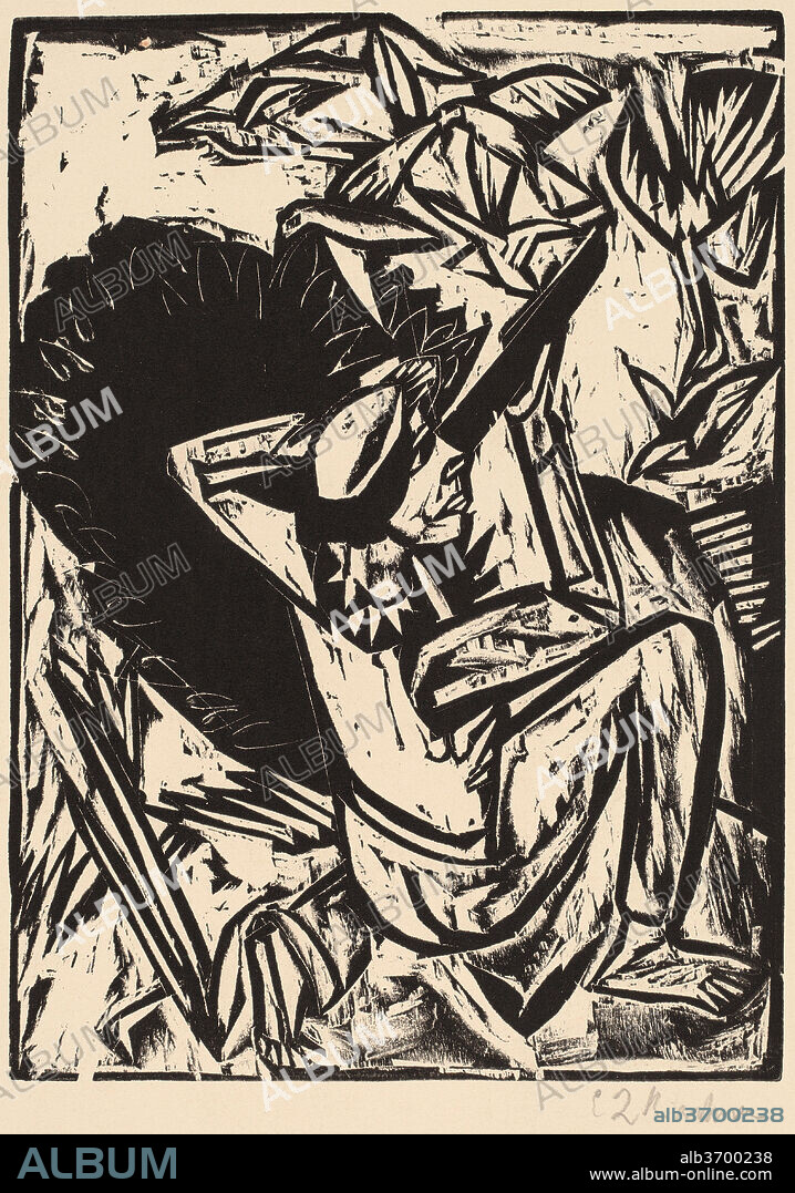 ERNST LUDWIG KIRCHNER. The Gull Hunter. Dated: 1913. Dimensions: image: 28 x 20.2 cm (11 x 7 15/16 in.)  sheet: 34.6 x 25.7 cm (13 5/8 x 10 1/8 in.). Medium: woodcut printed in black.