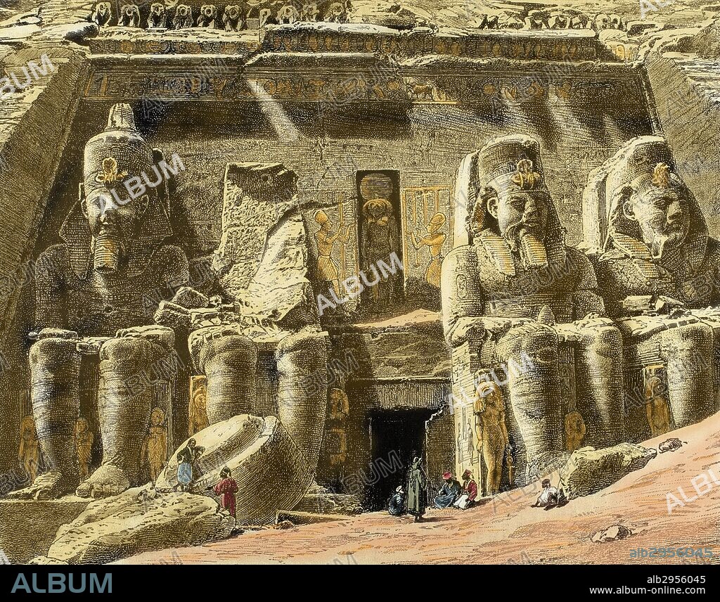 HISTORIA DE EGIPTO. Grabado con la representación de la fachada del TEMPLO DE RAMSES II. ABU SIMBEL. (Alto Egipto). "El Mundo Ilustrado" (1880). Grabado coloreado.