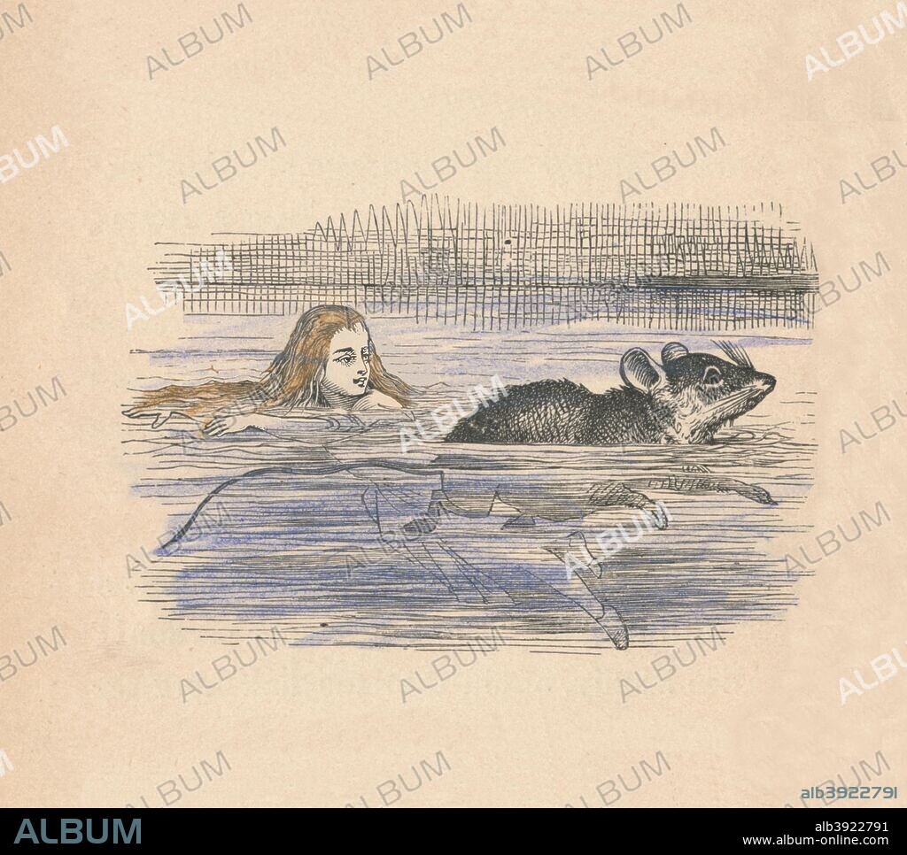 Alice swimming with a mouse in a pool', 1889. Lewis Carroll's (1832-1898) 'Alice in Wonderland' as illustrated by John Tenniel (1820-1914). From Alice's Adventures in Wonderland by Lewis Carroll. [Macmillan & Co., New York, 1889].