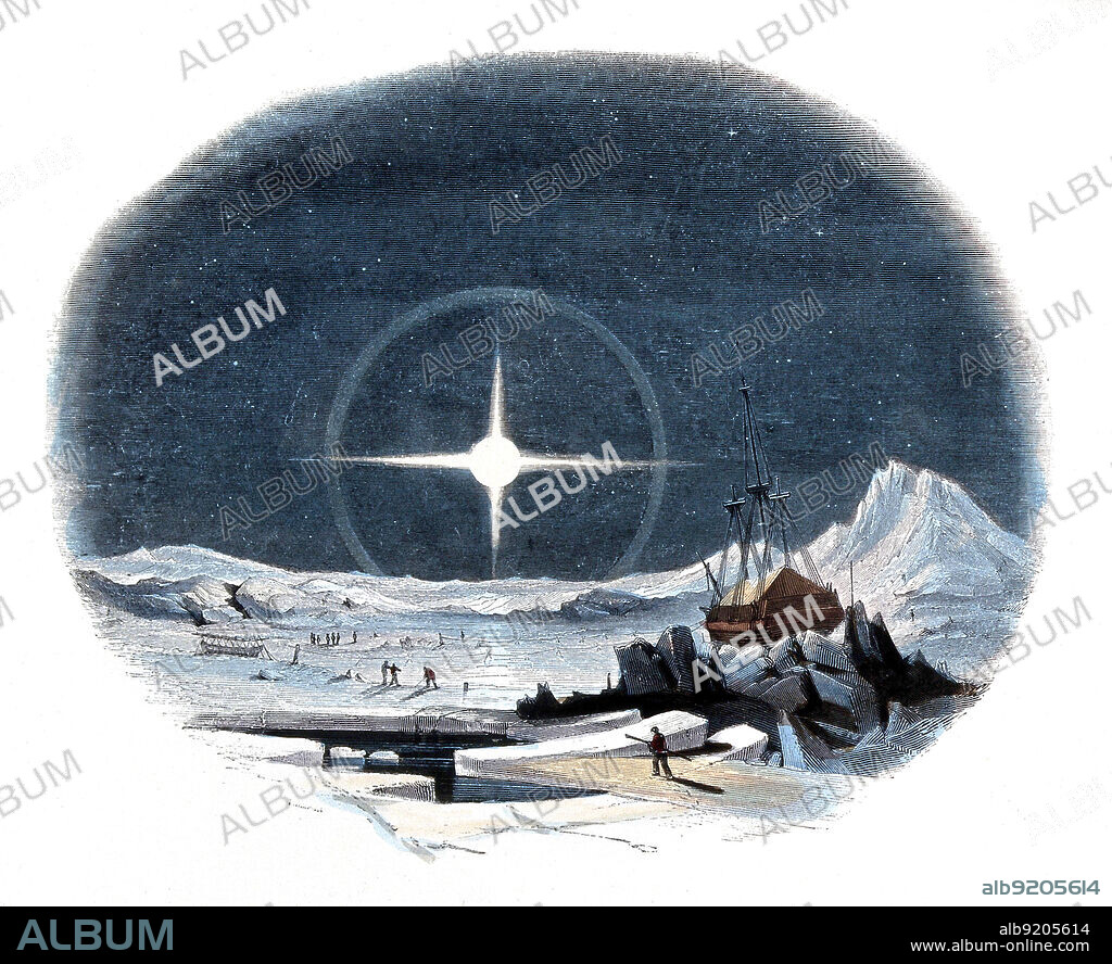 A halo around the sun in the Arctic. Colored wood engraving by Charles H. Whymper (1853-1941), circa late 19th century.