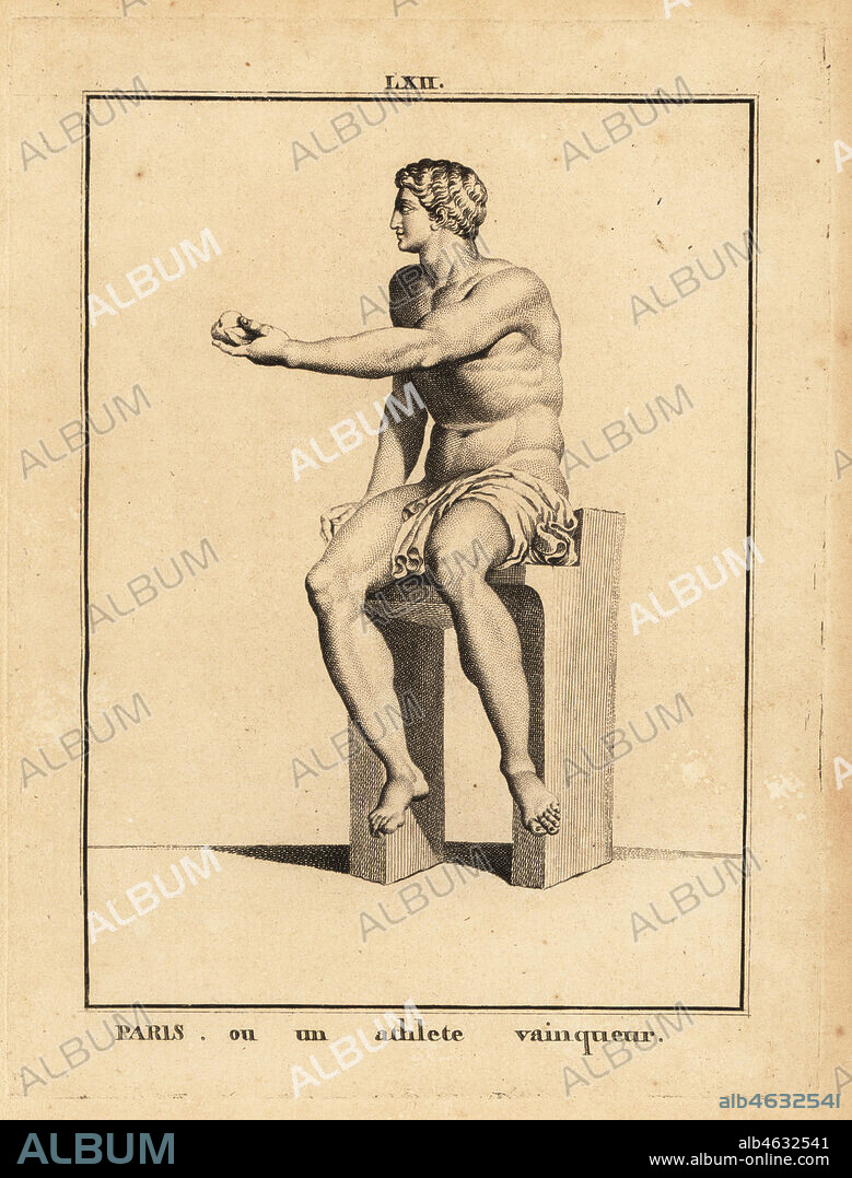 Statue of Paris, son of King Priam and Queen Hecubaof Troy, or a victorious athlete. Copperplate engraving by Francois-Anne David from Museum de Florence, ou Collection des Pierres Gravees, Statues, Medailles, Chez F.A. David, Paris, 1787. David (1741-1824) drew and engraved the illustrations based on Roman statues, engraved stones and medals in the collection of the Museum de Florence and the cabinet of curiosities of the Grand Duke of Tuscany.