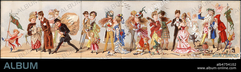 Procession de nombreux couples elegants, quittant la vieille annee 1875 pour rejoindre la jeune 1876. Carte publicitaire de 1876 pour les parfums Eugene RIMMEL (1820-1887). Illustration anonyme. Credit : Collection IM/KHARBINE-TAPABOR.