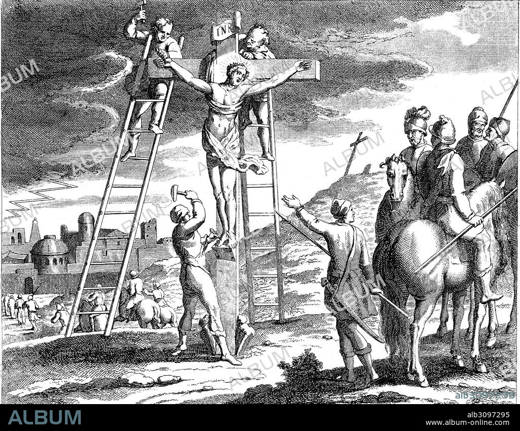 Historia sagrada. Crucifixión de Jesucristo en el monte Calvario. Grabado de 1862.