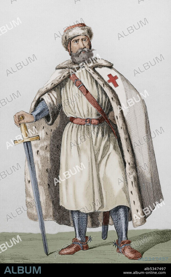 AUGUSTIN FRANçOIS LEMAITRE (1797-1870). FRENCH ENGRAVER AND LITHOGRAPHER. EMILE LOUIS VERNIER (1829-1887). PIGEOT.. Livonian Brother of the Sword. Engraving by Lemaitre, Vernier and Pigeot. History of Russia by Jean Marie Chopin (1796-1870). Panorama Universal, Spanish edition, 1839. Later colouration.