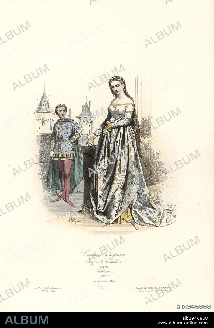 Ceremonial robes, reign of Charles V, 1364. Handcoloured steel engraving by Polidor Pauquet from a drawing by Xavier Willemin (1763-1833) from the Pauquet Brothers' "Modes et Costumes Historiques" (Historical Fashions and Costumes), Paris, 1865. Hippolyte (b. 1797) and Polydor Pauquet (b. 1799) ran a successful publishing house in Paris in the 19th century, specializing in illustrated books on costume, birds, butterflies, anatomy and natural history.