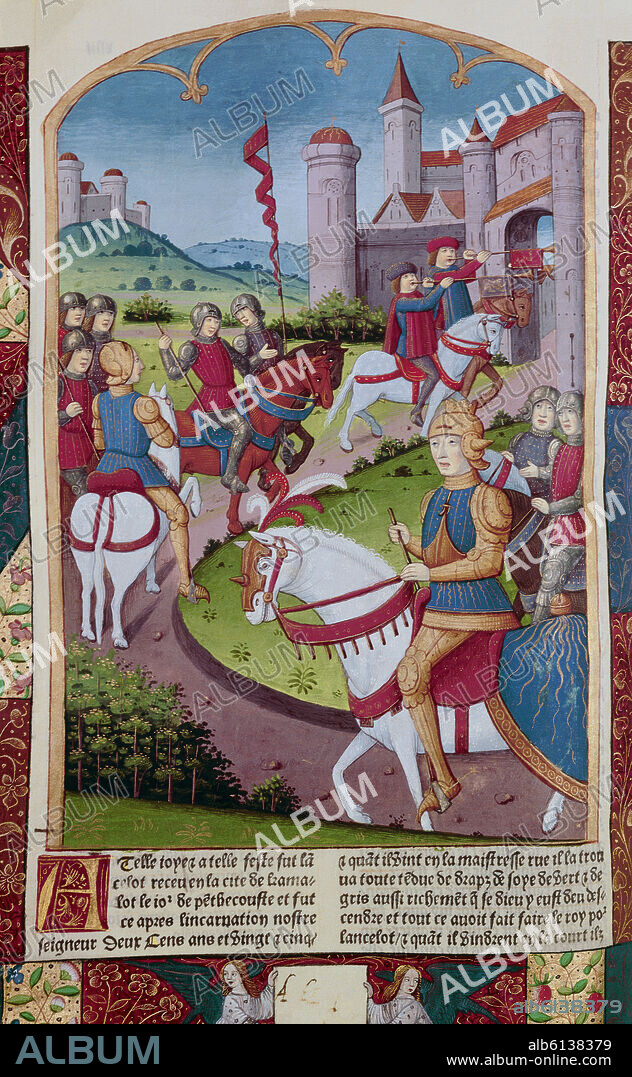 ANTOINE VERARD (1450/1519) IMPRESOR. MINIATURA-REY ARTURO EN CAMELOT CON LANCELOT.