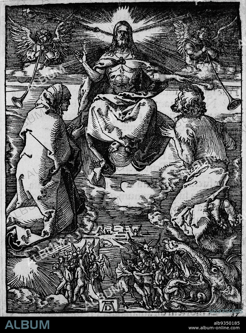 Last Judgement, The Small Passion, Albrecht Dürer, German, 1471-1528, Woodcut on laid paper, Germany, 1509-1511, Sheet: 5 3/16 x 4 in., 13.2 x 10.2 cm, angels, Christ, death, divine, Durer, floating, god, heaven, judgement, laid paper, Last Judgement, Small Passion, woodcut.