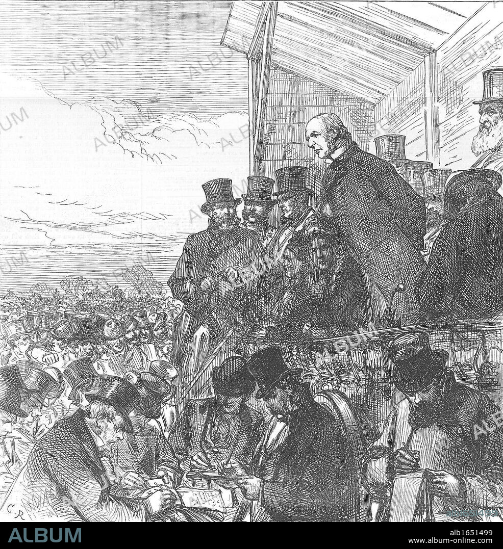 William Ewart Gladstone (1809-1898) giving an election address on Blackheath in his Greenwich constituency. General election February 1874. Gladstone lost to the Conservatives under Disraeli. From The Illustrated London News 7 February 1874.