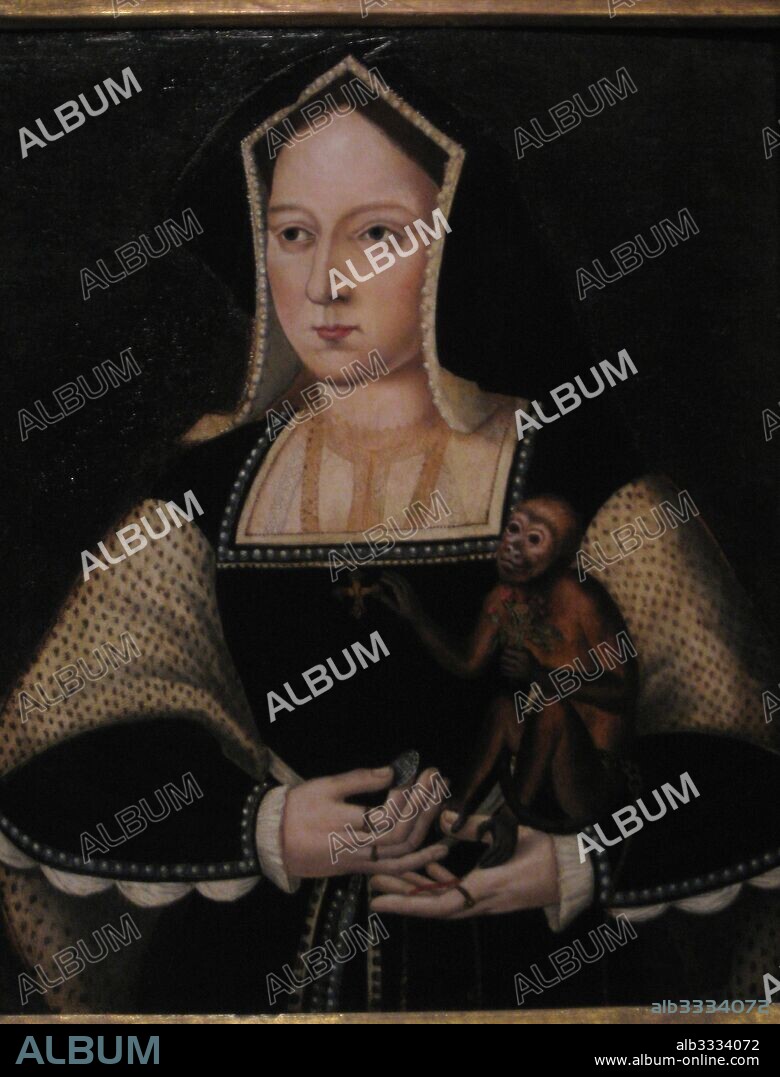 ANONYMOUS. Portrait of Catherine of Aragon, with her pet monkey (Copy After Lucas Horenbout).