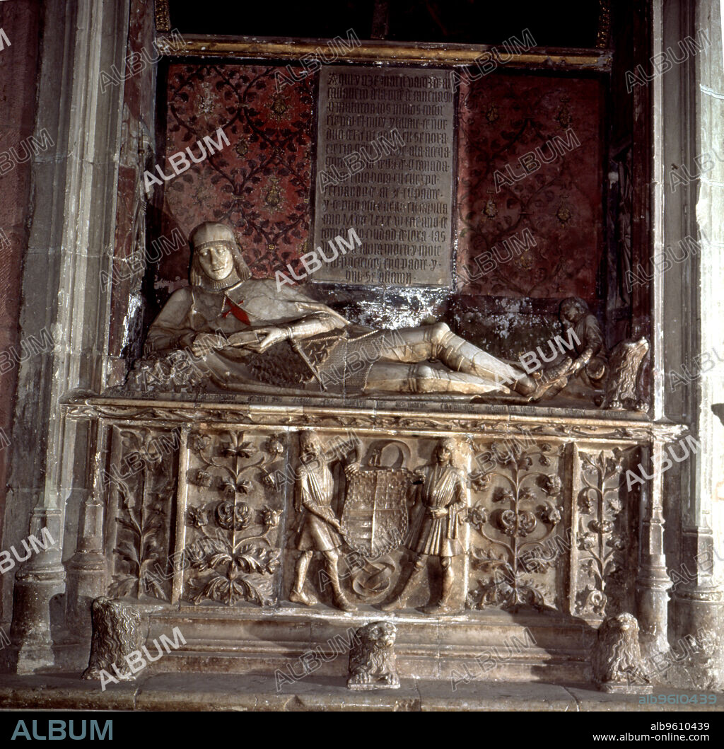 Doncel of Sigüenza', young nobleman Martín Vázquez de Arce (1460-1486), portrait statue in his tomb in the Cathedral of Sigüenza (Guadalajara), made in polychromed alabaster, 1486-1504.