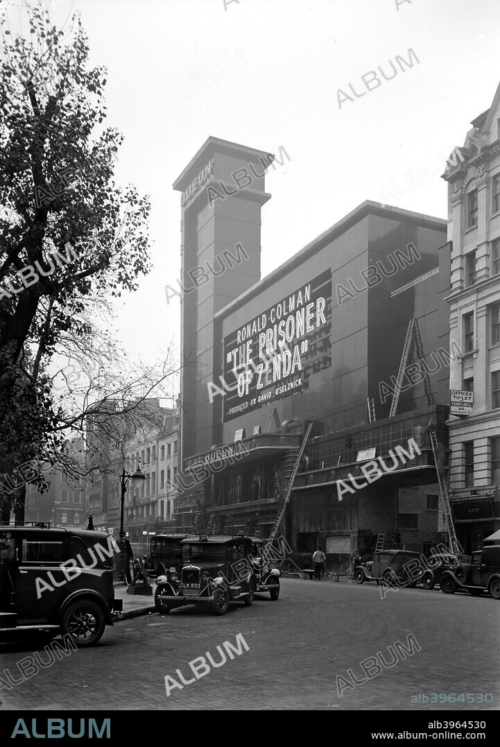 Street view of the Odeon, Leicester Square, London, 1937. The photograph was taken prior to its opening on 2 November 1937, with the film 'The Prisoner of Zenda'. The cinema was designed by Weedon and Mather, architects who worked on other Odeon cinemas.