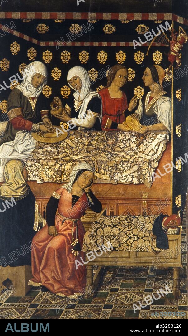 VERGÓS. Retablo de Sant Esteve de Granollers, hacia 1495-1500.  Nacimiento de san Esteban (o la suplantación de san Esteban neonato por el diablo). Temple y dorado con pan de oro sobre madera.  200,2 x 123,2 x 8 cm. El retablo procede del altar mayor de la iglesia parroquial de Sant Esteve de Granollers (Vallès Oriental). Museu Nacional d'Art de Catalunya, Barcelona.