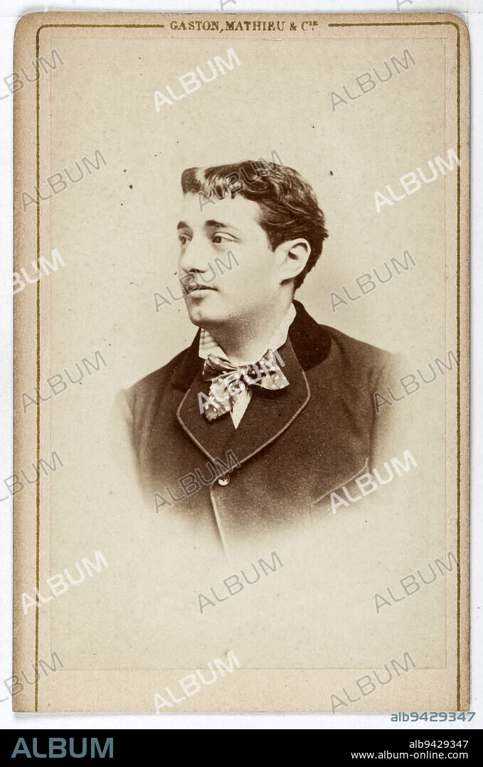 Portrait of Paul Mussay, (Paul Bacharach? dit, 1847-), actor at the Théâtre des Variétés in 1872 and director of the Théâtre du Palais-Royal., Gaston, Mathieu & Cie, Photographer, Between 1860 and 1890, 2nd half of the 19th century, Photography, Graphic arts, Photography, Albumen paper print, Dimensions - Work: Height: 8.7 cm, Width: 5.5 cm, Dimensions: Height: 9.7 cm, Width: 6.3 cm.
