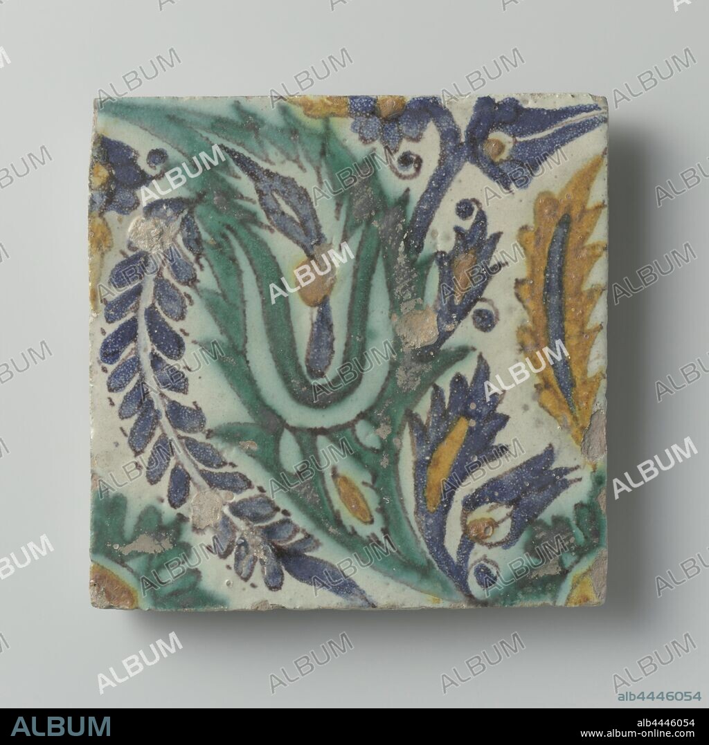 Tile, painted in blue, green, orange and manganese. Decoration of curved flower and leaf vines. A quarter rosette in two corners., anonymous, Spain, c. 1700, earthenware, tin glaze, h 15.2 cm × w 15.2 cm × t 2 cm.