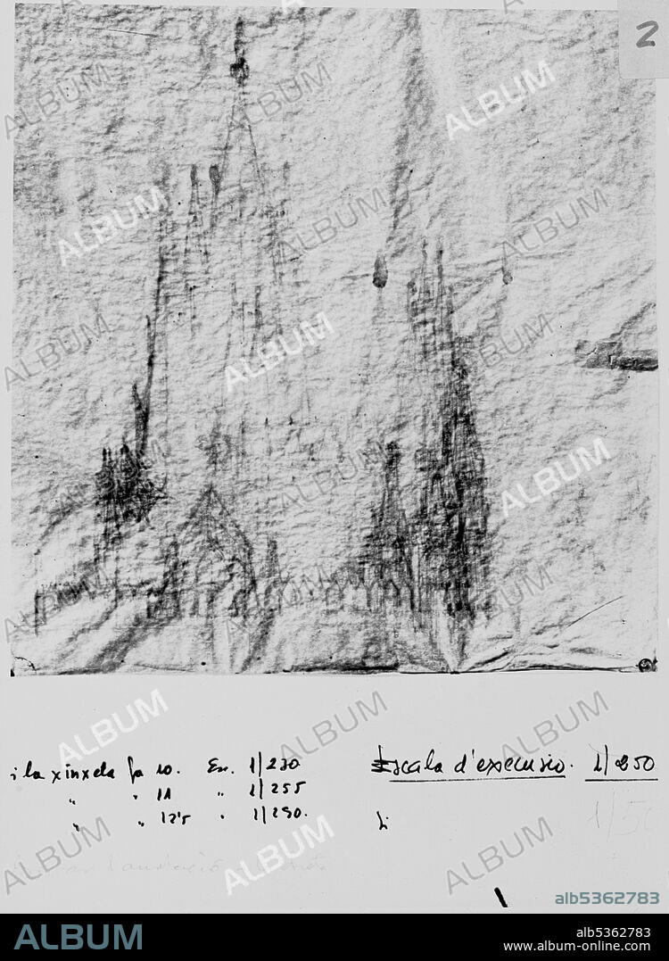 ANTONI GAUDI. Sagrada Familia: drawing of the first general design solution that was stuck with pushpins on the wall of Gaudí's studio-workshop and was destroyed in 1936; studies of the scale of execution have been carried out based on the size of the pushpins, 1902.