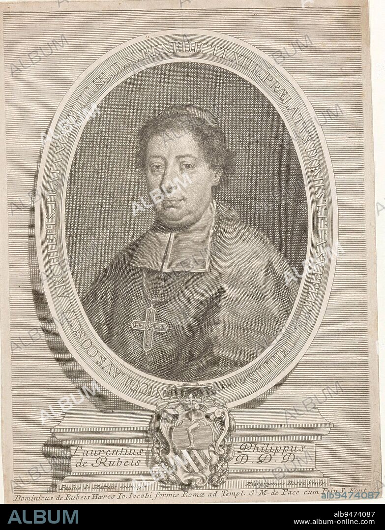 Portrait of Reverend Niccolo Coscia, print maker: Girolamo Rossi (II), (mentioned on object), intermediary draughtsman: Paolo de Matteis, (mentioned on object), publisher: Domenico de'Rossi, (mentioned on object), print maker: Rome, intermediary draughtsman: Italy, publisher: Rome, Vaticaanstad, Italy, 1717 - 1762, paper, engraving, h 219 mm - w 165 mm.