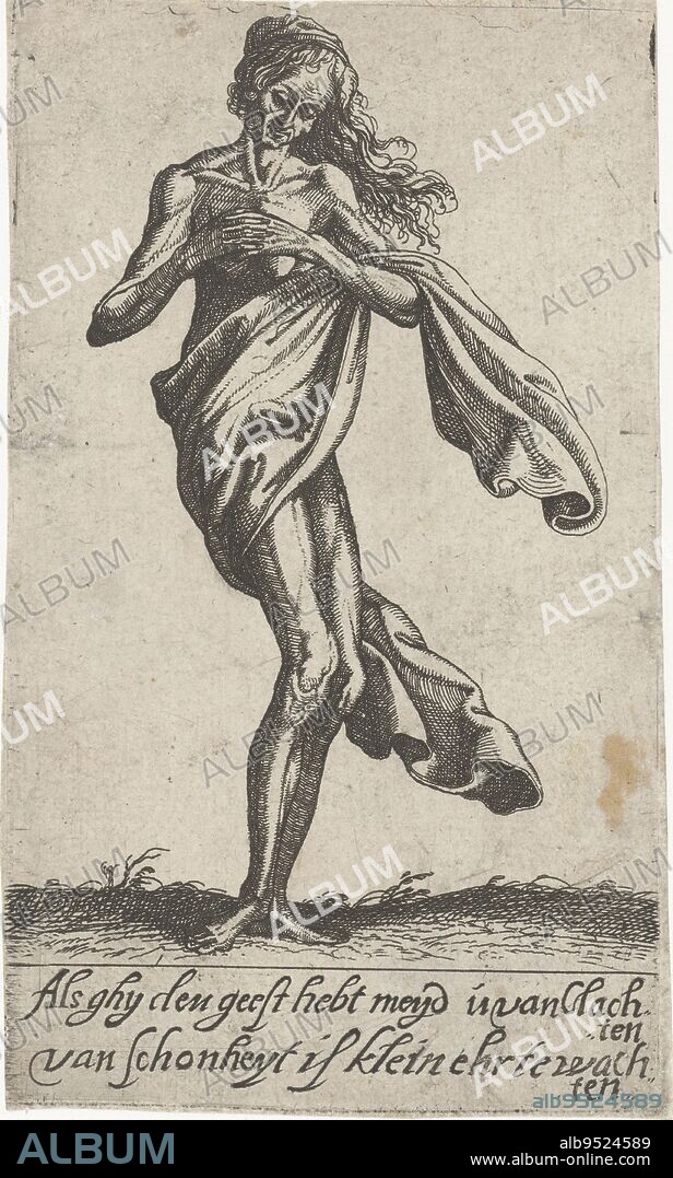 Standing old nude full-length woman, around her waist a cloth. In the lower margin a two-line caption in Dutch., Standing Old Naked Woman, print maker: Claes Jansz. Visscher (II), (attributed to), publisher: Claes Jansz. Visscher (II), publisher: Pieter Aertsen, (rejected attribution), Amsterdam, 1615, paper, etching, h 137 mm × w 82 mm.