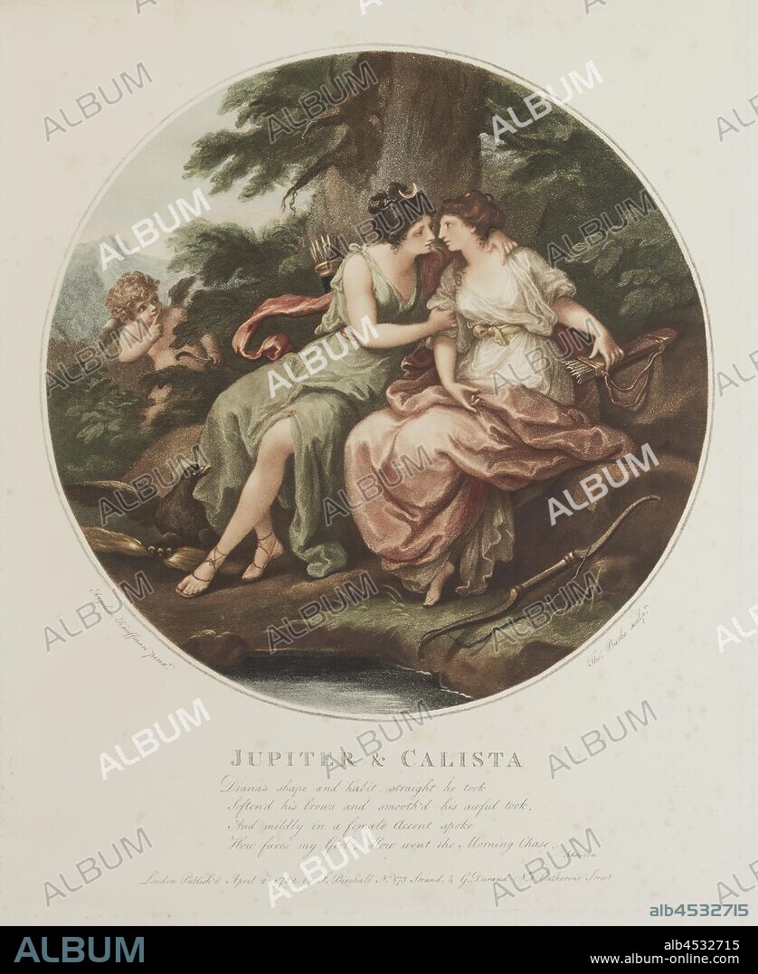 Thomas Burke, English, 1749-1815, after Angelica Kauffmann, Swiss, 1741-1807, Jupiter and Calista, between 1749 and 1815, engraving printed in color ink on chine collé, Plate: 15 7/8 × 12 1/2 inches (40.3 × 31.8 cm).