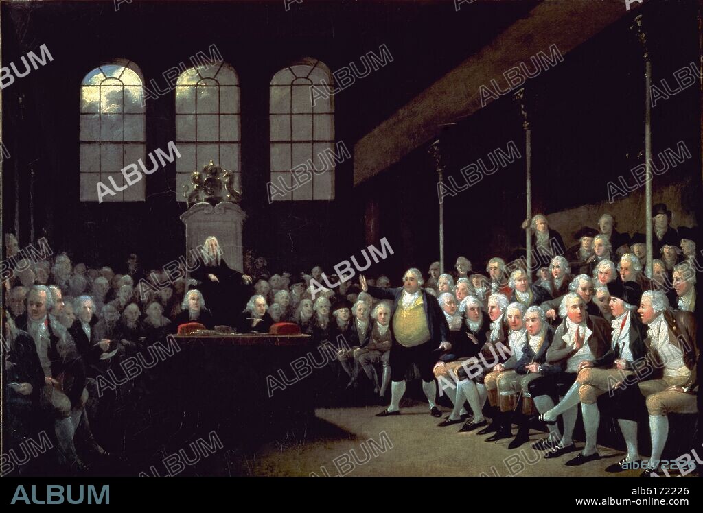 ANTON HICKEL. CHARLES JAMES FOX SE DIRIGE A LA CAMARA DE LOS COMUNES SIENDO MINISTRO PITT - SIGLO XVIII.