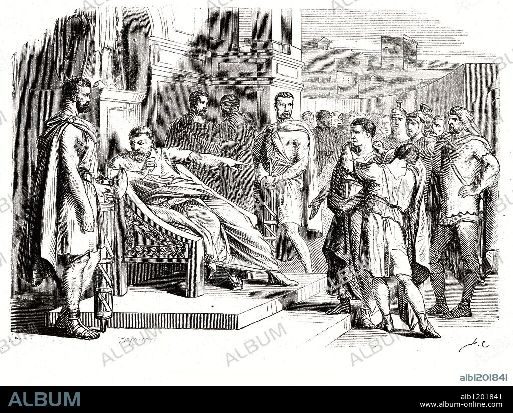 Lucio Junio Bruto, sobrino de Tarquinio El Soberbio. Cónsul de Roma. De un complot para establecer a los Tarquinos sus dos hijos fueron denunciados y condenados, siendo su ejecución presidida por su padre, Bruto. Grabado de 1866.