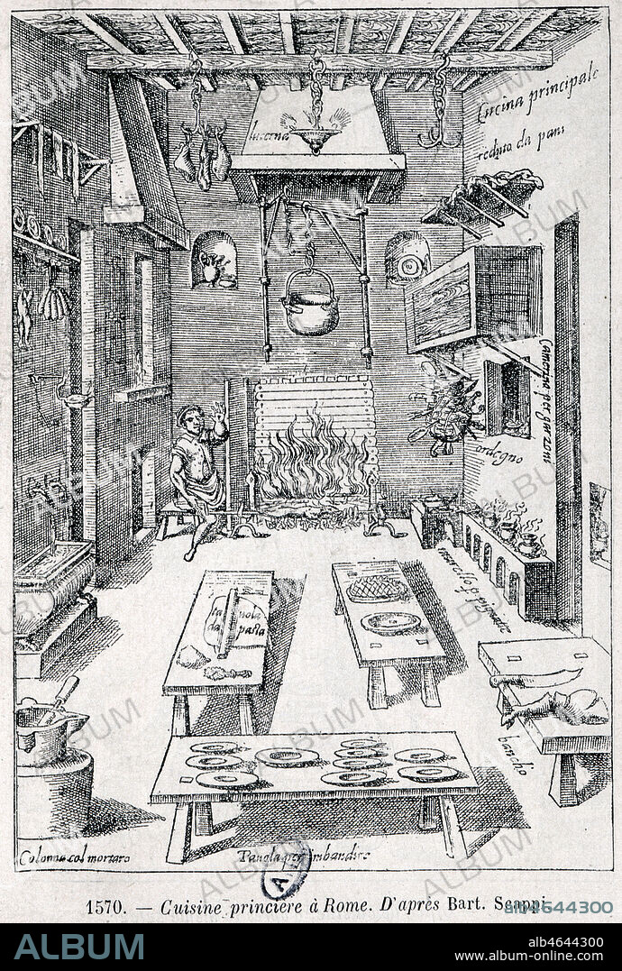 L'installation d'une cuisine ideale, selon les conseils de l'auteur. Premiere representation technique , ou professionnelle, d'une cuisine. Gravure sur bois in Oeuvres de Bartolomeo SCAPPI, cuisinier secret du pape Pie IV puis Pie V, Venise, 1570 . Repute comme etant un des premiers livres de cuisine " Opera dell'arte de cucinare " publie en 1570 comportant des centaines de recettes. Credit Collection MA+GR/ Kharbine Tapabor.