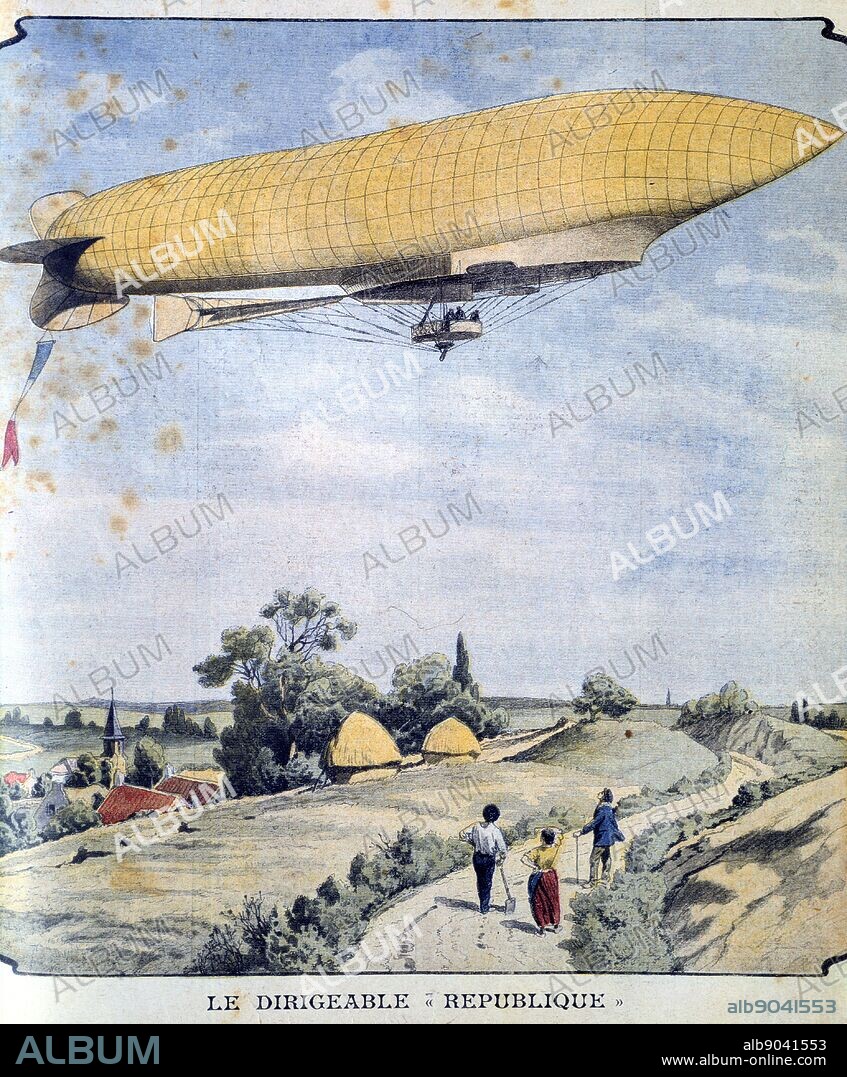 French military airship La Republique on her maiden flight from Paris to Compiegne. From 'Le Petit Journal' Paris, 20 September 1908.