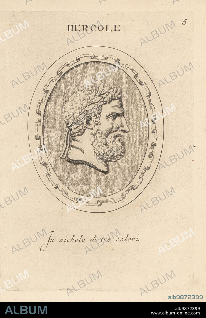 Bust of bearded Hercules with laurel wreath. In tricolor nicolo. Hercole laureato. In nicholo di tre colori. Copperplate engraving by Giovanni Battista Galestruzzi after Leonardo Agostini from Gemmae et Sculpturae Antiquae Depicti ab Leonardo Augustino Senesi, Abraham Blooteling, Amsterdam, 1685.