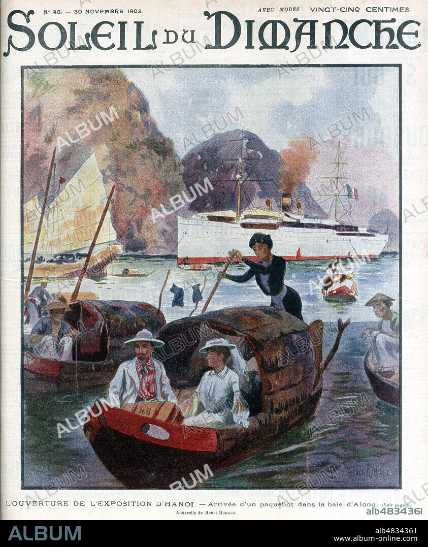 L'ouverturer de l'Exposition d'Hanoi. Arrivee d'un paquebot dans la baie d'Along. Illustration de Henri RUDAUX (1840-1914) pour L'Illustre Soleil du Dimanche du 30 novembre 1902. Credit : Collection Kharbine-Tapabor.