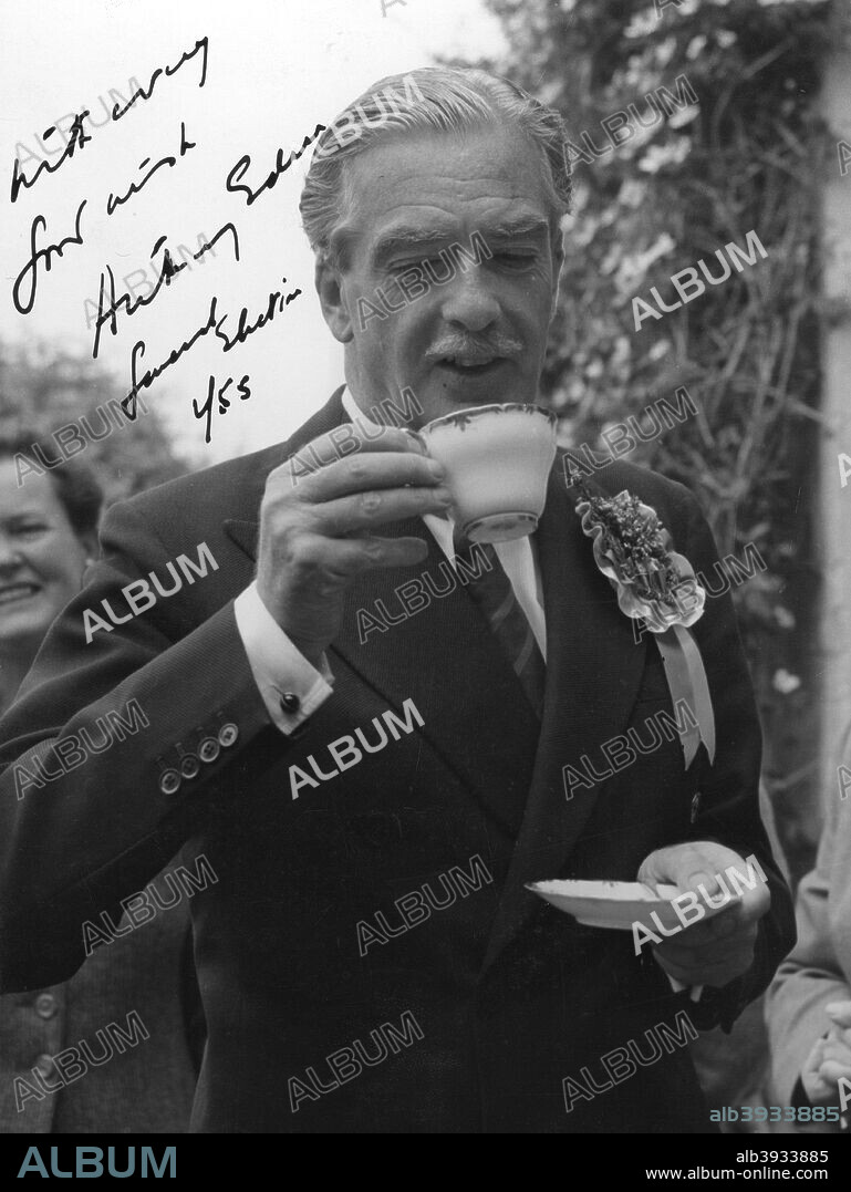 Anthony Eden, British Conservative politician, drinking a cup of tea, 1955. Robert Anthony Eden (1897-1977) became Foreign Secretary for the first time in 1935, but resigned in 1938 due to his dissatisfaction with Prime Minister Neville Chamberlain's policy of appeasement of Nazi Germany. He served in Winston Churchill's War Cabinet during the Second World War, initially as Secretary of State for War, then as Foreign Secretary, and accompanied Churchill to the Yalta Conference in 1945. He returned to office when the Conservatives won the 1951 General Election, again serving as Foreign Secretary and also as Deputy Prime Minister. In 1955 he became Prime Minister when Churchill retired, but his premiership saw Britain become embroiled in the Suez Crisis the following year. Eden's reputation as a statesman was diminished by Suez and his health deteriorated, partly due to the stresses of the crisis, and he resigned from office on 9 January 1957.