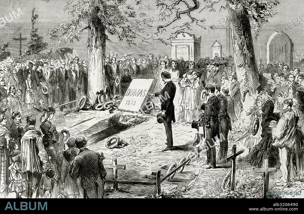 Alexandre Dumas (1802-1870). French writer. Burial at the cemetery of Villers-Cotterets. Engraving by Capuz. "La Ilustracio_n Espan_ola y Americana", 1872.