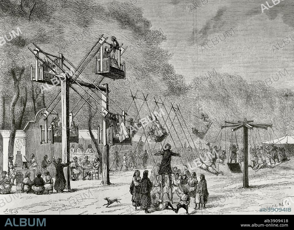 Norte de Africa. Egipto. Festividades en Alejandría. Regocijos populares durante las fiestas religiosa del gran Bayram (Fiesta del Sacrificio). La celebración incluye compartir alimentos con famiiares y con personas pobres, sacrificar un animal, vestir ropa nueva, regalos para niños, diversiones en una feria, visitar las tumbas de familiares, etc. Dibujo por Ricardo Balaca (1844-1880). Grabado. La Ilustración Española y Americana, 30 de mayo de 1876. Biblioteca Histórico Militar de Barcelona. Cataluña, España.