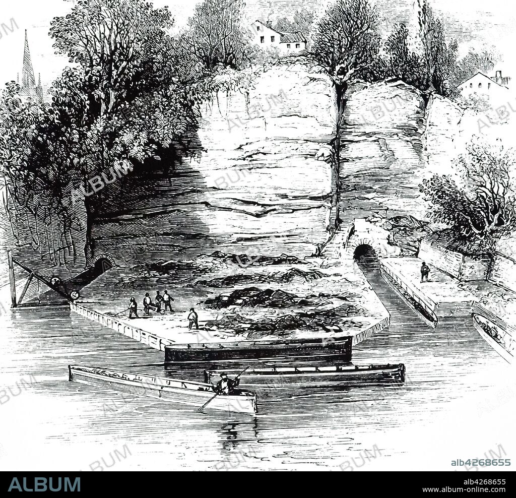Engraving depicting the Worsley Basin on the Bridgewater canal from Worsley to Manchester, built by James Brindley. James Brindley (1716-1772) an English engineer. Dated 19th century.