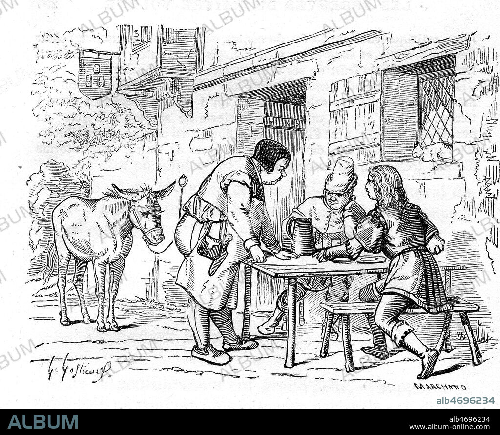 Les trois freres ou Petite table soit mise, L'ane et le sac (ou le Baton...) Conte des freres Grimm. Gravure allemande fin 19eme. Credit Collection KHARBINE TAPABOR.