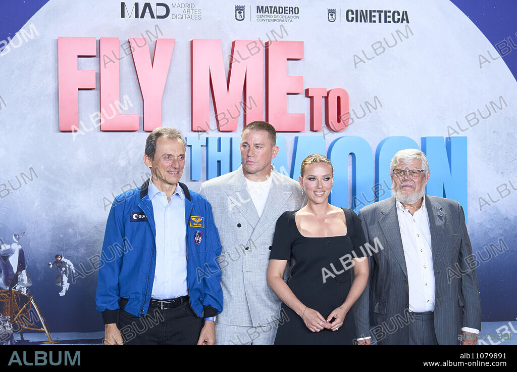 Channing Tatum, Scarlett Johansson, Pedro Duque, Jose Manuel Grandela attends 'Fly me to the Moon' Premiere at Cineteca Madatero on July 11, 2024 in Madrid, Spain.