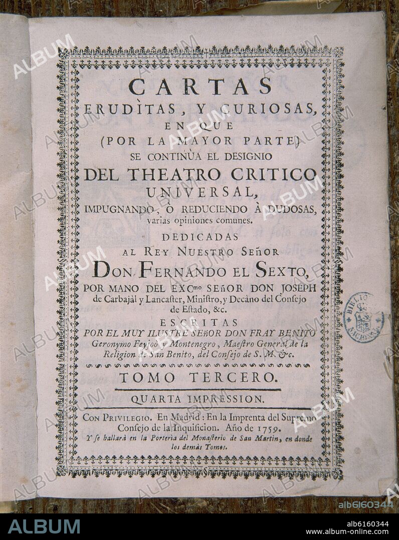 FRAY BENITO FEIJOO (1676-1764). CARTAS ERUDITAS Y CURIOSAS - PORTADA DEL TOMO III - 1759.