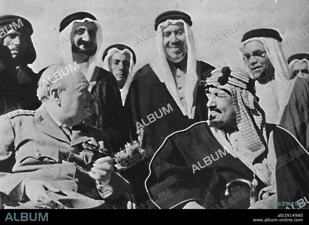 'Among other Middle East rulers, King Ibn Saud, of Saudi Arabia', 1945. Ibn Saud (1875-1953) met with Churchill in the Grand Hotel du Lac on the shores of the FFaiyum Oasis, fifty miles south of Cairo, in February 1945. From Winston Churchill: His Life in Pictures, by Ben Tucker. [Sagall Press, Ltd., London, 1945].
