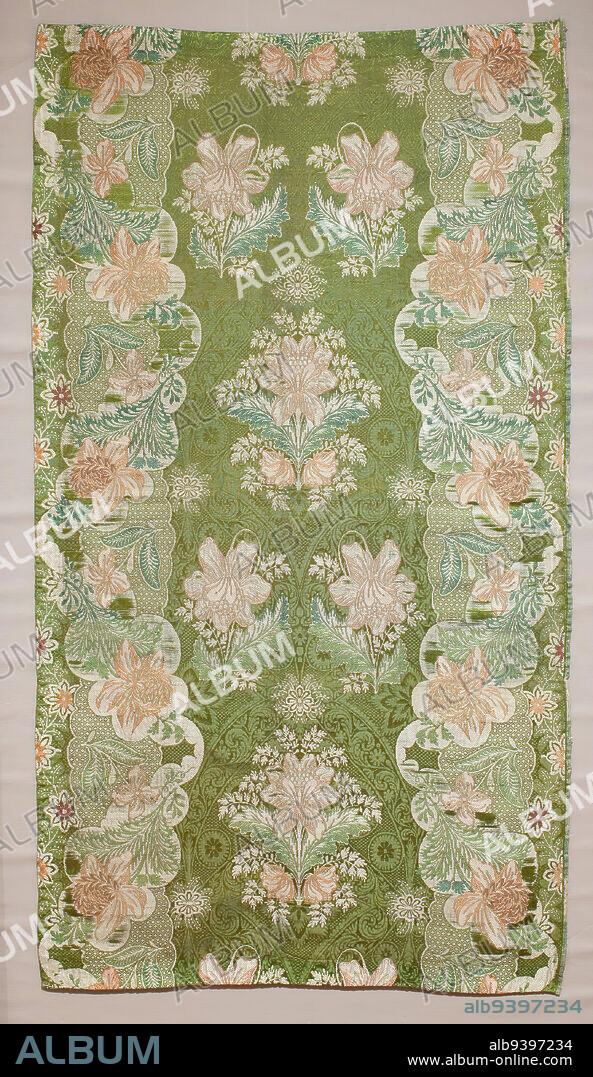 Panel, c. 1720, 41 x 21 in. (104.14 x 53.3 cm), Silk, metallic threads; lampas weave, France, 18th century, Elaborate silk fabric such as this was very costly to produce. It would have taken at least two highly skilled weavers, using the most sophisticated weaving technology of the period, several days to produce one yard of fabric. It undoubtedly was made as a special order and could have been used for any number of things, ranging from wall covering to men's or women's clothing. It was not until the middle of the 19th century that textiles were designed for specialty markets such as home furnishings or fashion.