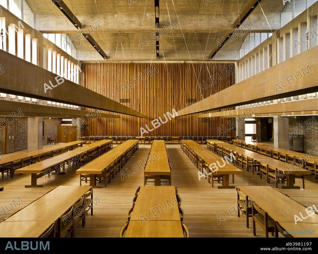Dining hall, Central Building, Churchill College, Cambridge University, Cambridgeshire, 2010. Designed by Sheppard Robson and Partners, the building was constructed in 1961-1968.