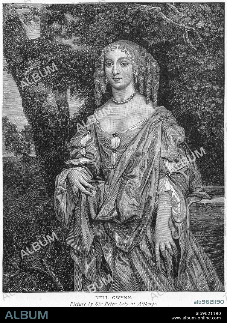Nell Gwynne, English comic actress and mistress of Charles II. Portrait of Nell (c1650-1687) who rose from selling oranges at the theatre, to being one of the king's favourite mistresses.