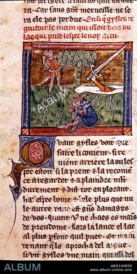 Sir Bedivere casts King Arthur's sword Excalibur into the lake at the dying Arthur's command, who sits in the foreground, 1316. A hand emerges from the lake, grasping the sword the knight has just thrown.