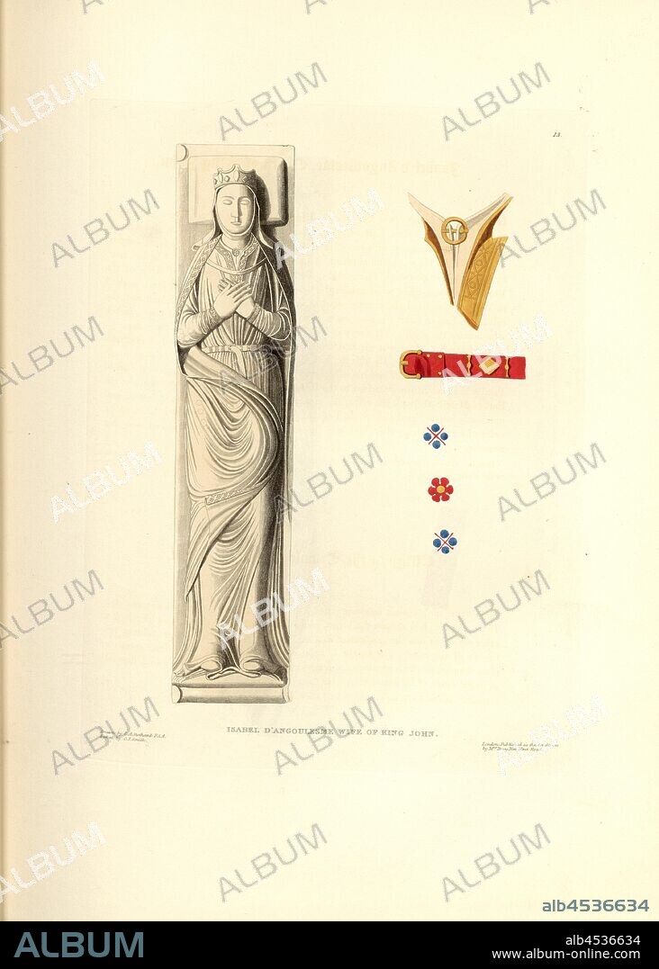 Isabel d'Angoulesme wife of King John, Tomb of Isabella of Angoulême, wife of Johann Ohneland, in Fontevrault, signed: Drawn by C. A. Stothard; Etched by C.J. Smith; Published by Mrs. Bray, Fig. 16, 13, after p. 18, Stothard, Charles Alfred (drawn and etched); Bray, E. (publ.), Charles Alfred Stothard, Alfred John Kempe: The monumental effigies of Great Britain: selected from our cathedrals and churches, for the purpose of bringing together, and preserving correct representations of the best historical illustrations extant, from the Norman conquest to the reign of Henry the Eighth: dedicated by permission to the Prince Regent. London: printed by J. M'Creery [...], 1817-1832.