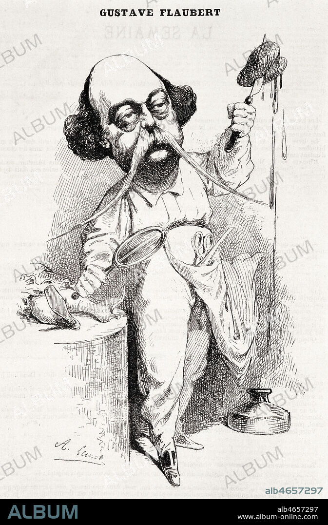 Gustave FLAUBERT (1821-1880) dissequant Mme Bovary. Caricature par Valentin LEMOT (1846-1909) pour La Parodie de 1869. Credit : Collection KHARBINE-TAPABOR.